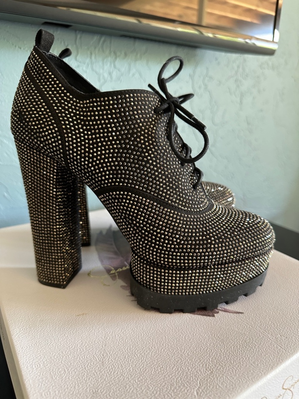 Jessica Simpson Black Rhinestone Lace-Up Platform Booties